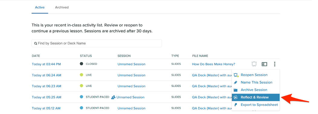 Sessions Menu with red arrow pointing to Reflect & Review menu item