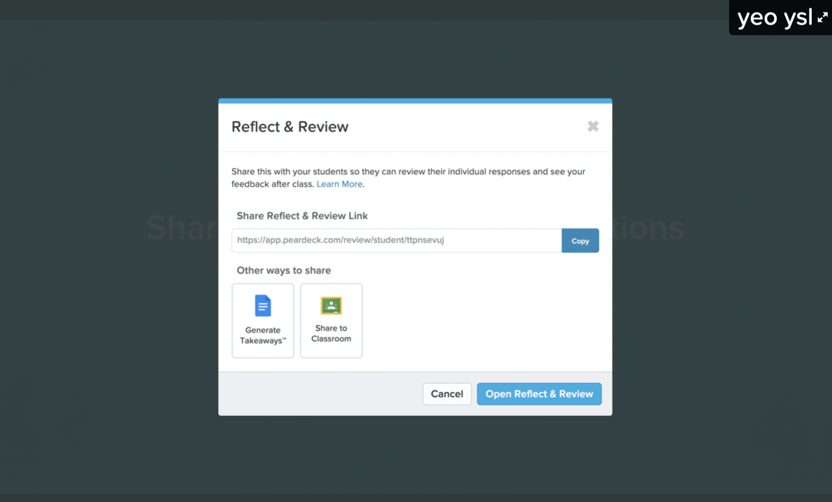 Reflect & Review modal window showing Takeaways link