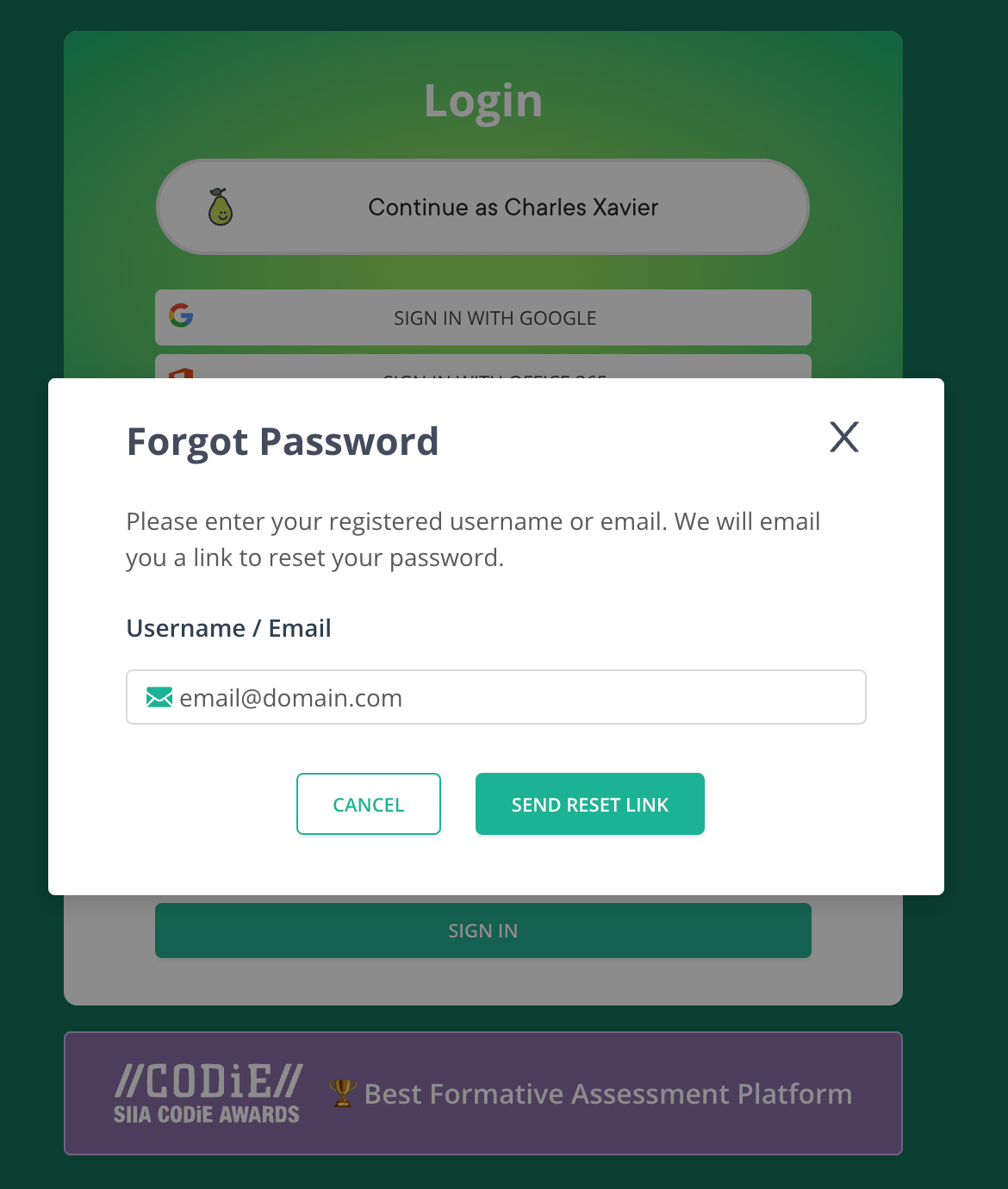 Forgot Password screen with sample email address entered.