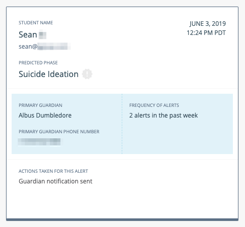 Alert Card outlined: Student Name, email address, Predicted Phase: Suicide Ideation, Date, time, Primary Guardian's…