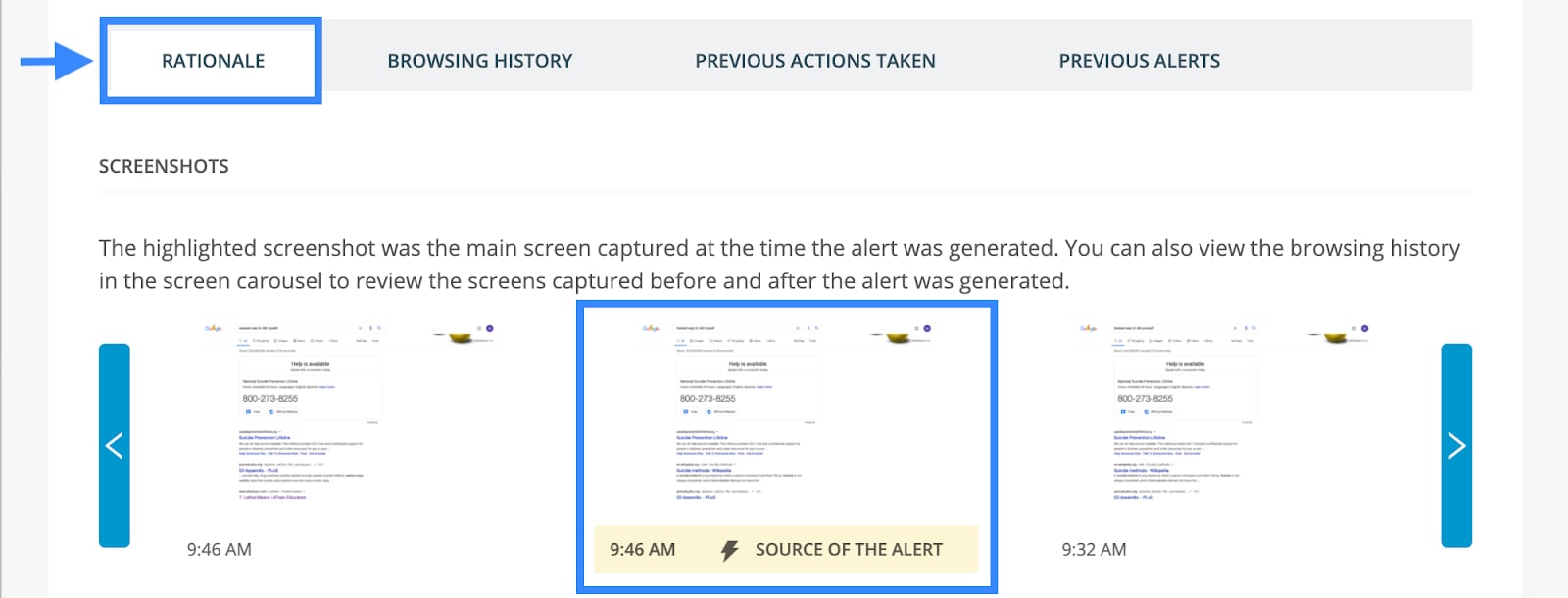 Tab options: Rationale (selected), Browsing history, Previous Actions Taken, Previous Alerts. Screenshots with…