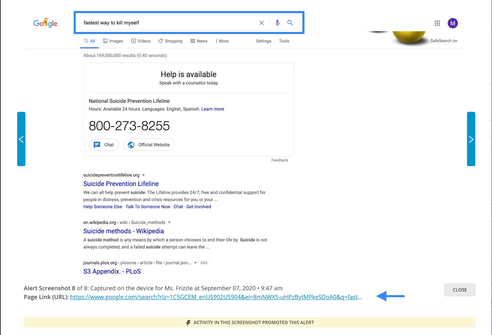Google Search Box shows "fastest way to kill myself"