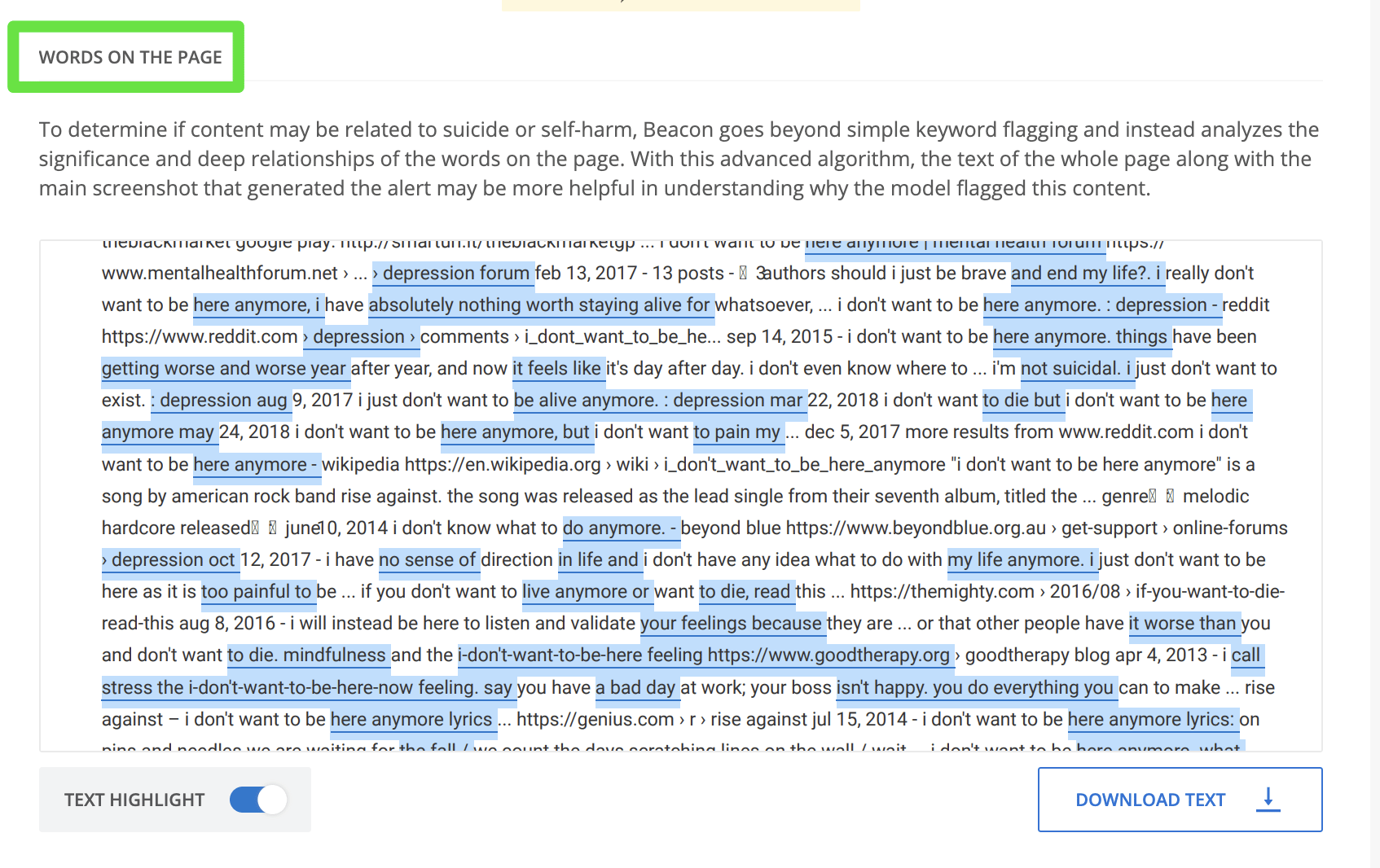 Words on the page (highlighted). Toggle on/off Highlight. Option: Download Text button