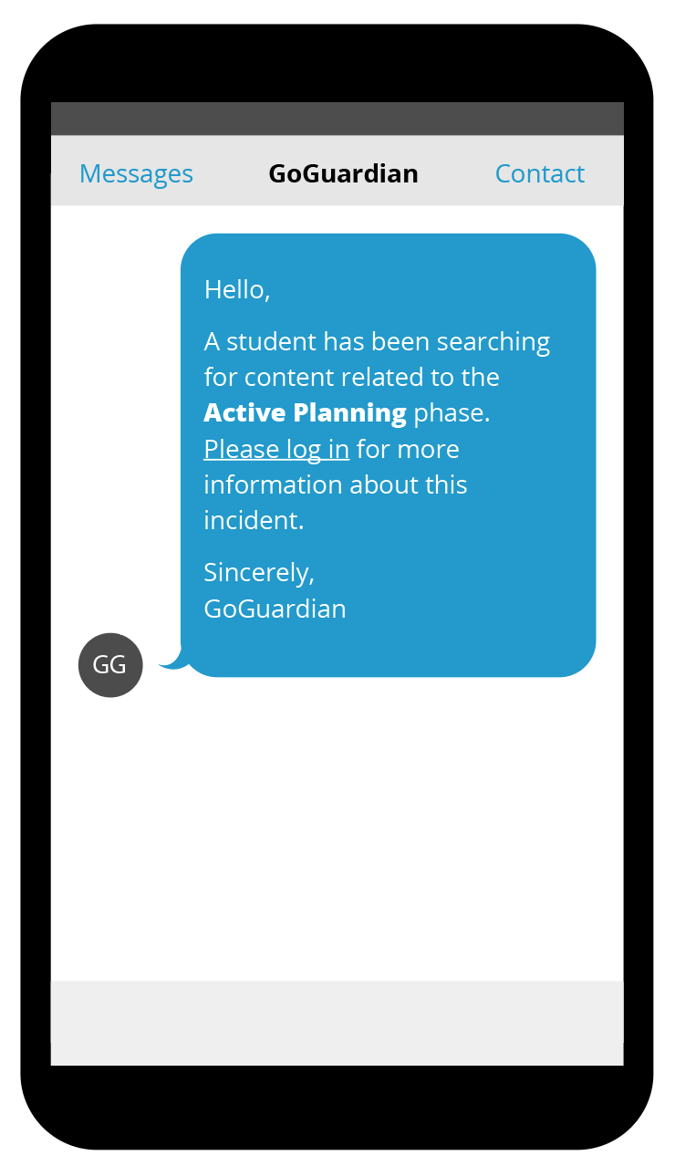 Phone text: Hello, A student has been searching for content related to the Active Planning phase. Please log in for…