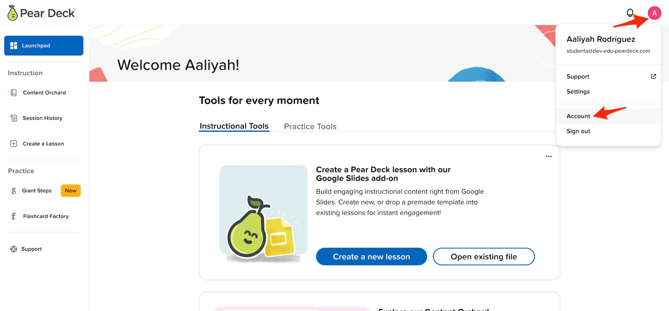 Pear Deck Launchpad with red arrows pointing to account profile picture and account email