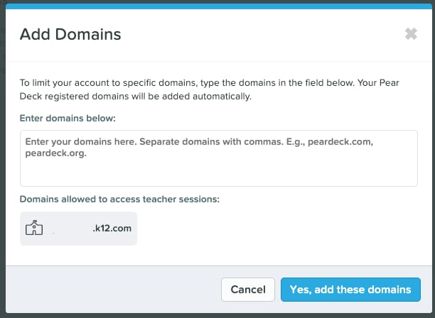 Add domains to restrict modal