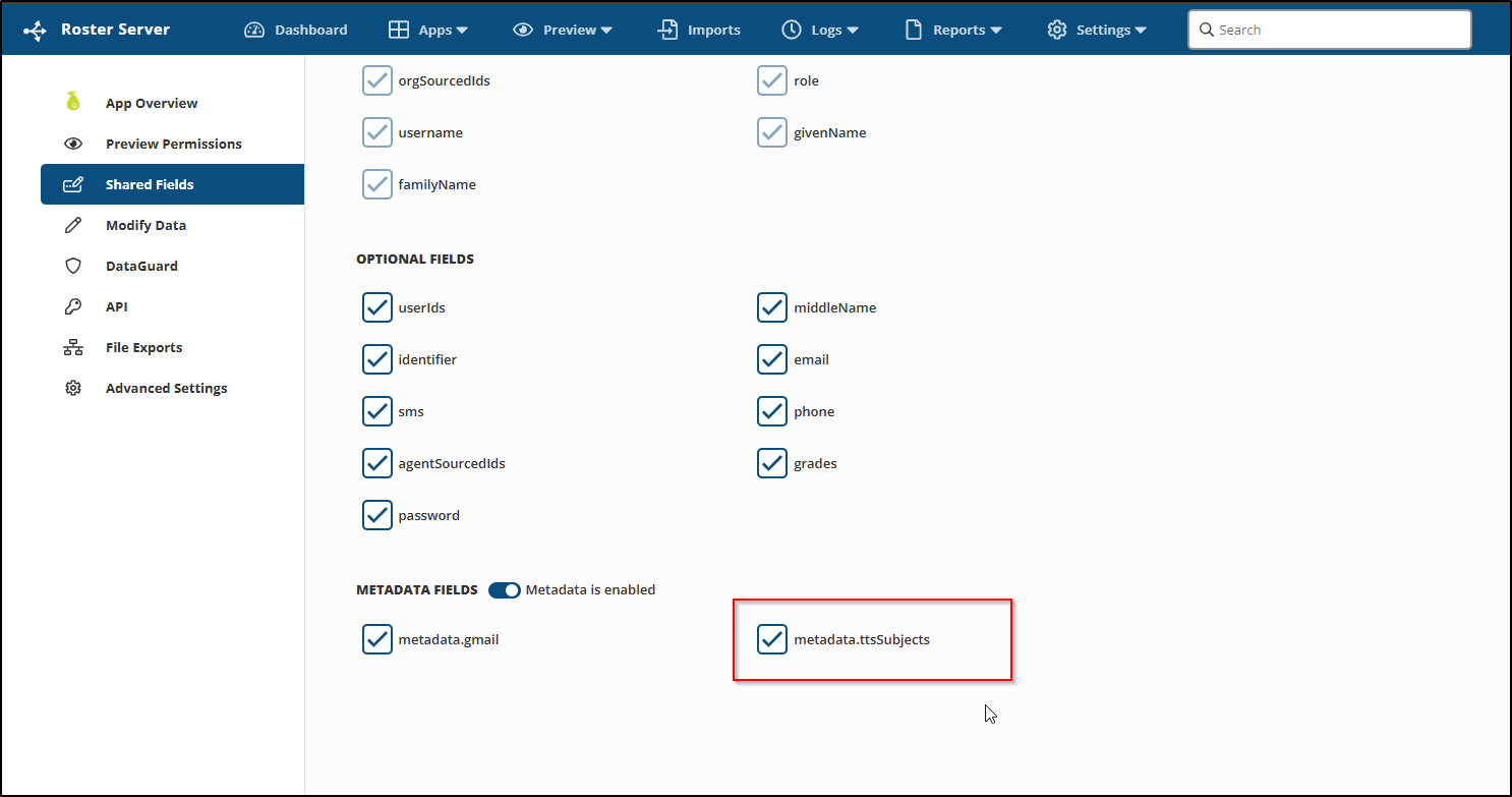 ClassLink shared field settings for subject-level TTS