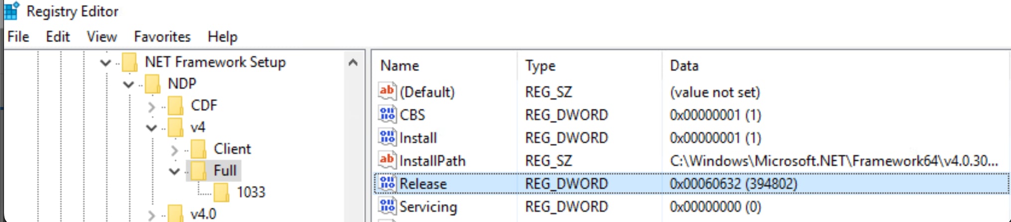 Windows Registry Editor page used to check the .Net version for troubleshooting