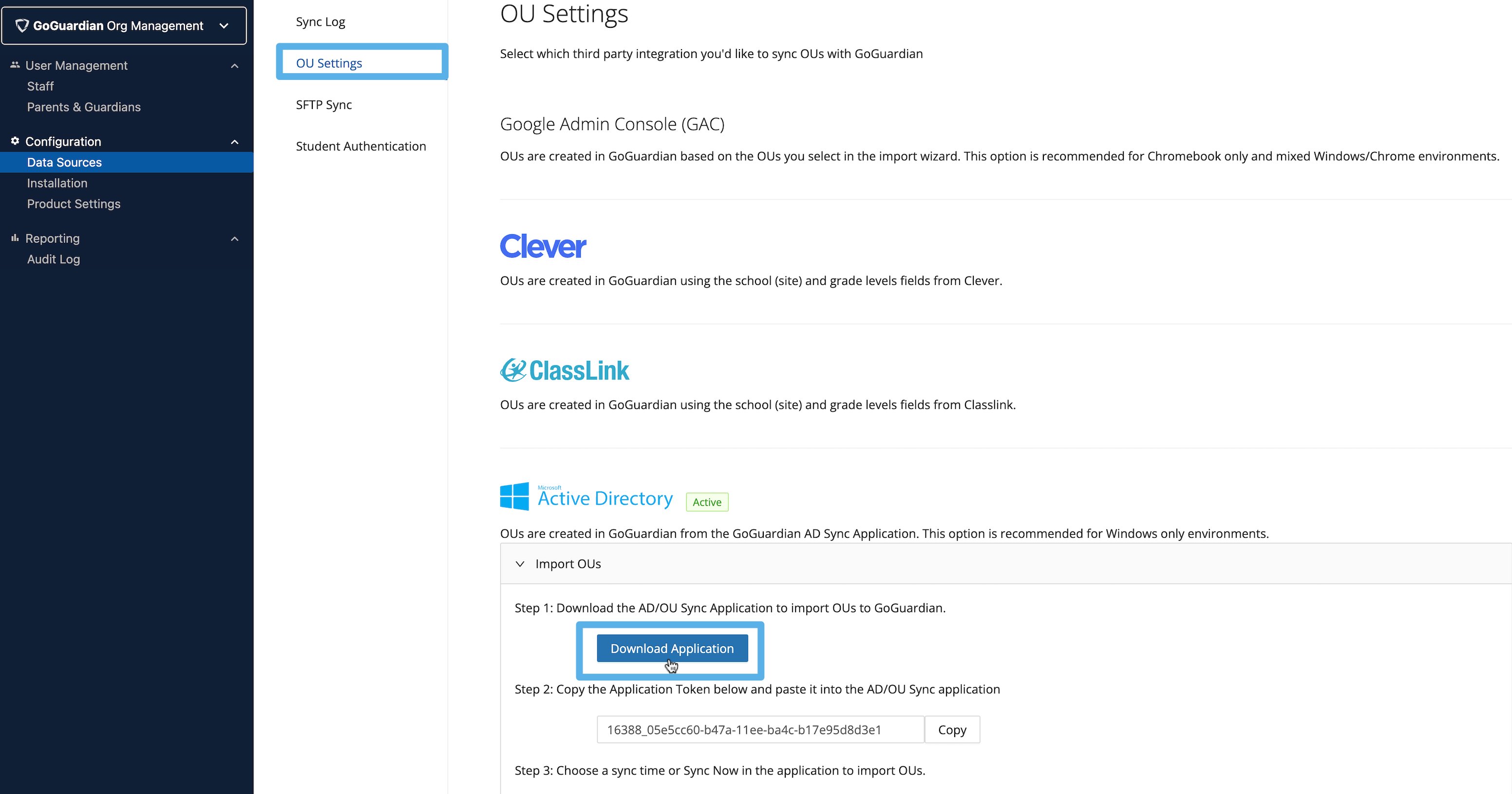 Active Directory OU Import Tool highlighting the "Download Application" button for downloading the Sync Application