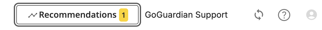 GoGuardian Admin top navigation showing the Recommendations button with a badge count of 1, next to the GoGuardian Support organization name