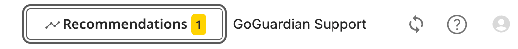 GoGuardian Admin top navigation showing the Recommendations button with a badge count of 1, next to the GoGuardian Support organization name