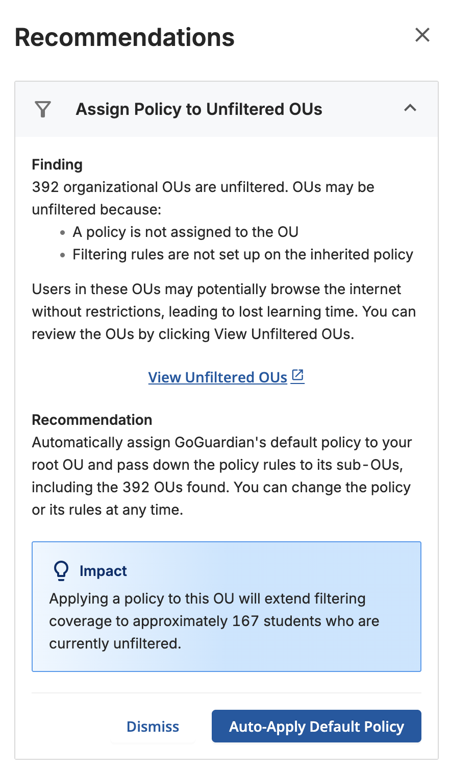 Assign Policy to Unfiltered OUs recommendation expanded, showing the Finding section listing 392 unfiltered OUs, a View Unfiltered OUs link, the Recommendation section, an Impact section estimating coverage for 167 students, and the Dismiss and Auto-Apply Default Policy buttons
