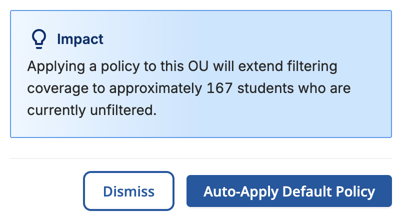 Assign Policy to Unfiltered OUs recommendation's Impact section and action buttons, with Dismiss and Auto-Apply Default Policy shown side by side