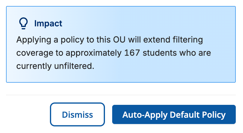 Assign Policy to Unfiltered OUs recommendation's Impact section and action buttons, with Dismiss and Auto-Apply Default Policy shown side by side