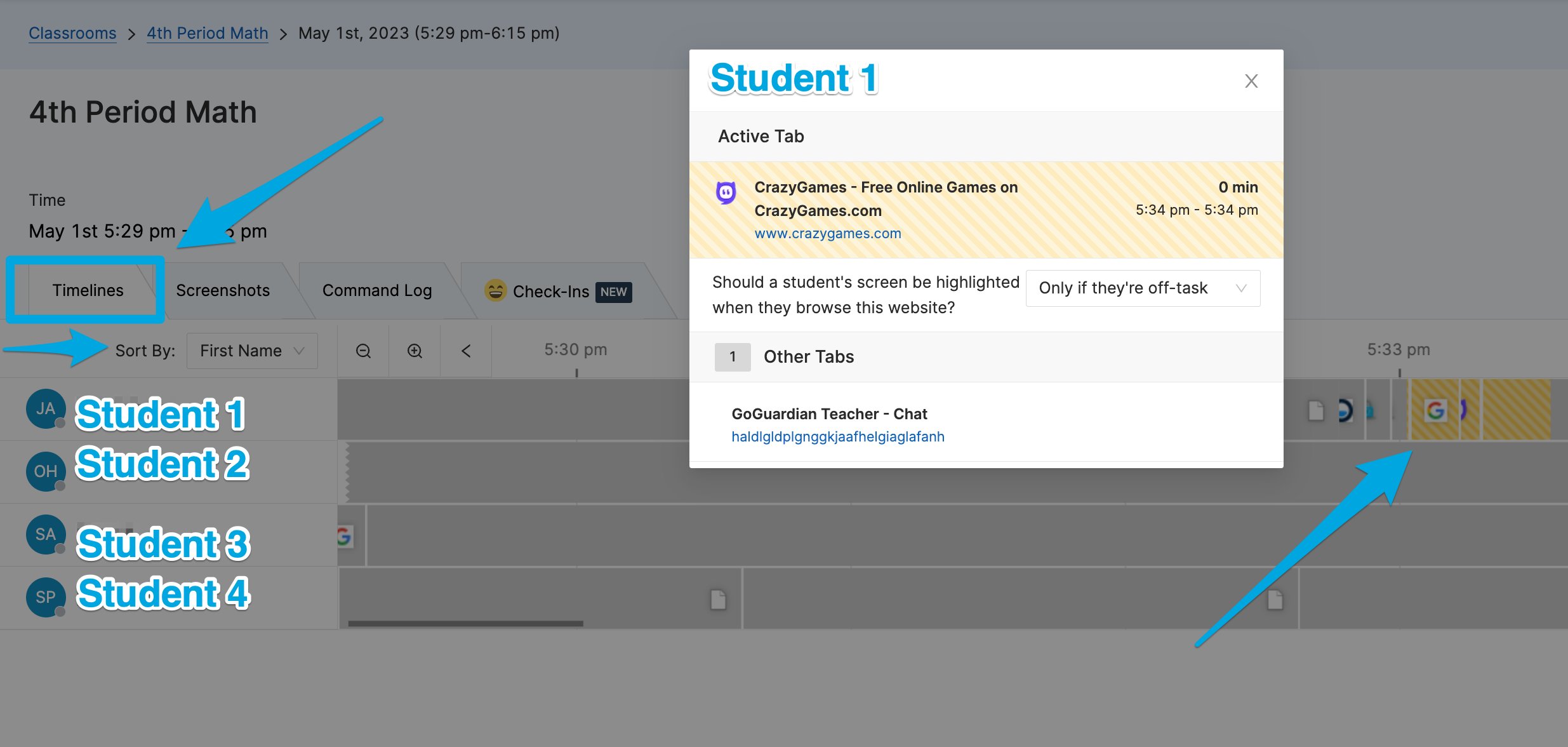 The Timelines view of a GoGuardian Teacher class session demonstrating how to find previous browsing data for a student