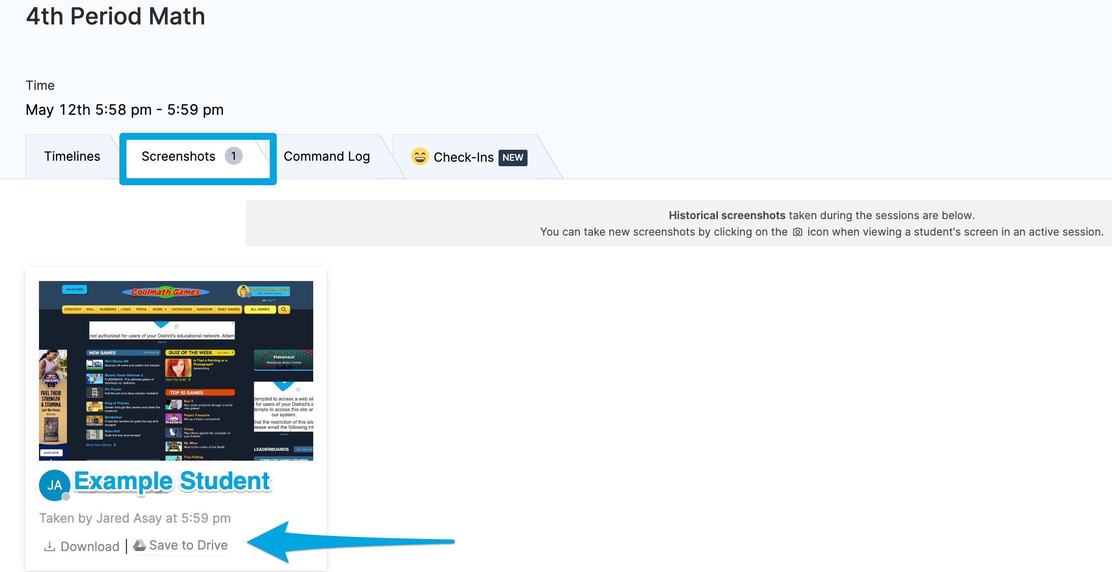 The "screenshots" tab of a GoGuardian Teacher class session Timelines page highlighting the "Download" and "Save to…