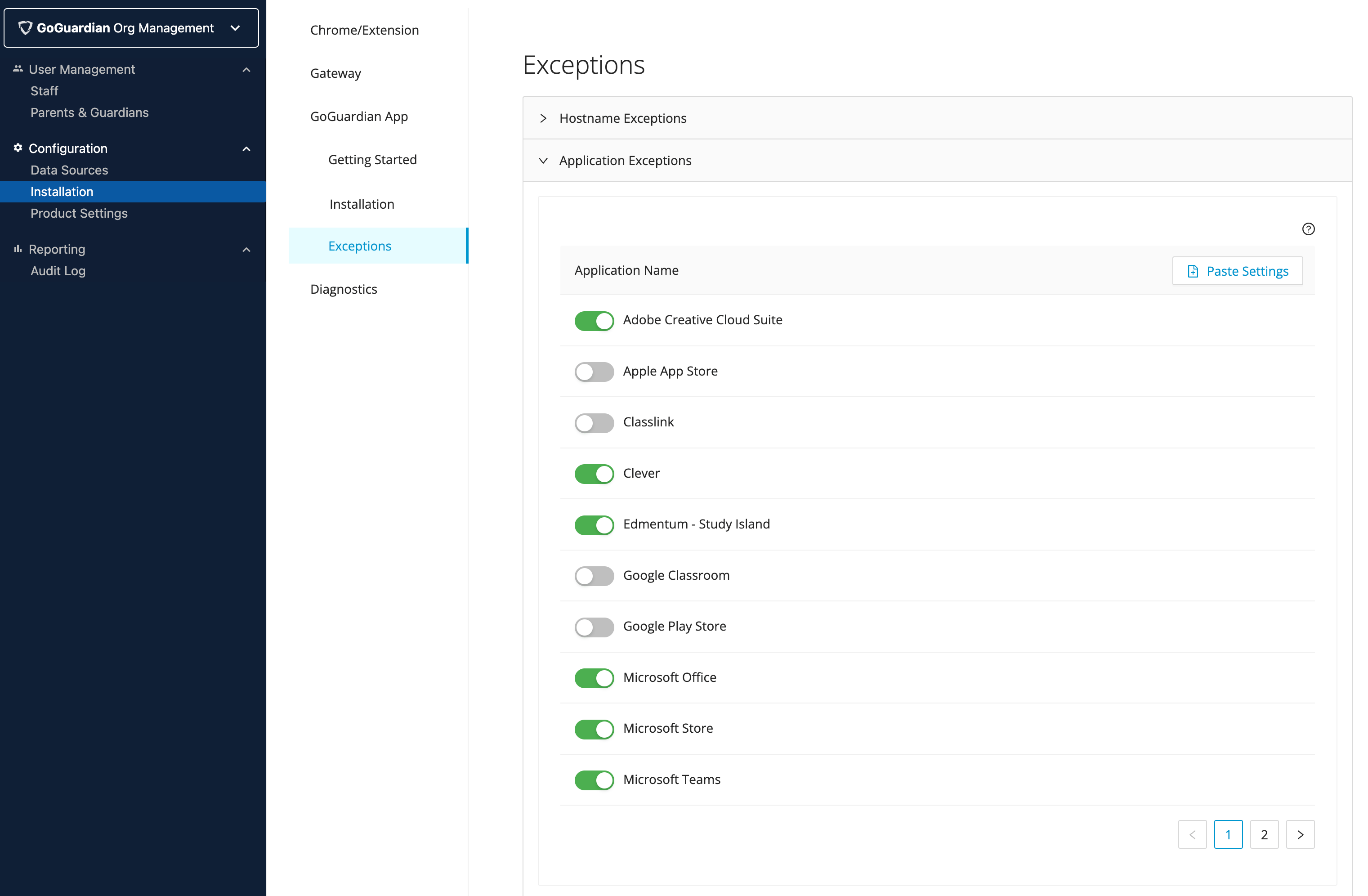 Configure Application Exceptions