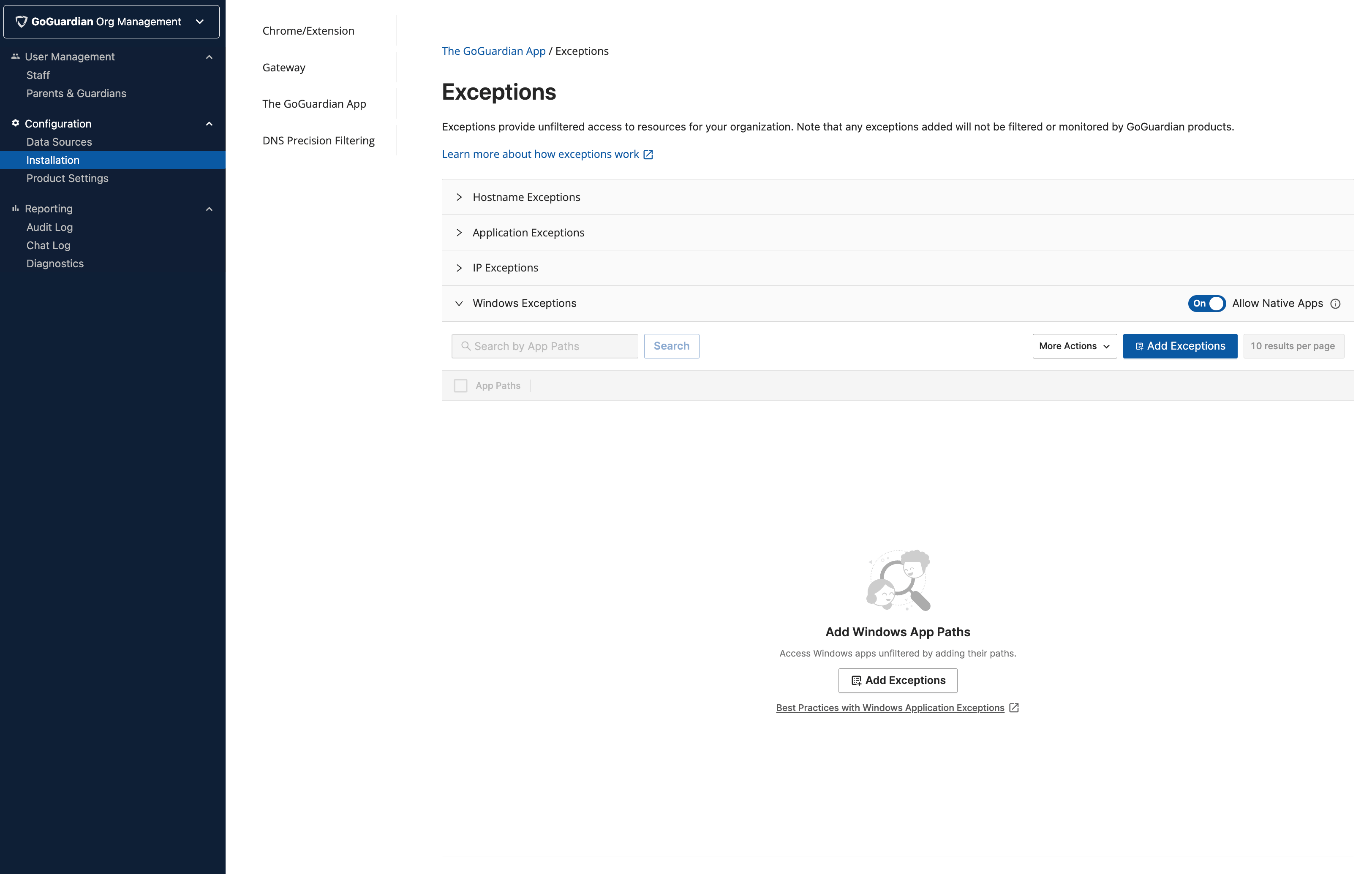 Set Up Windows Application Exceptions
