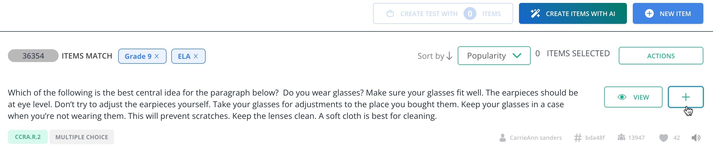 Plus button to add a question to a test.