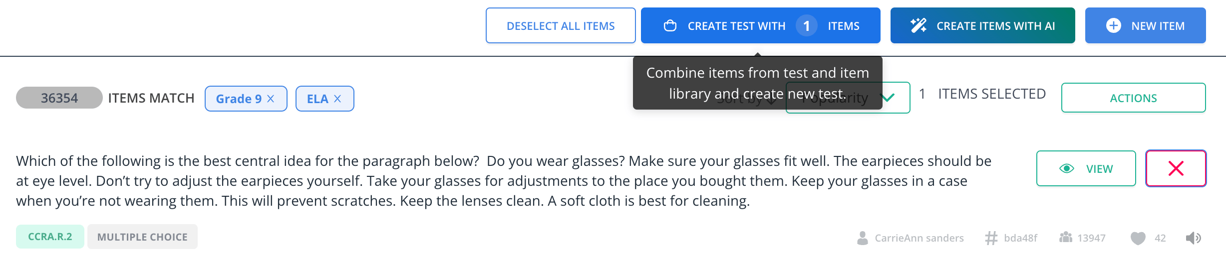 Create Test with Item button.