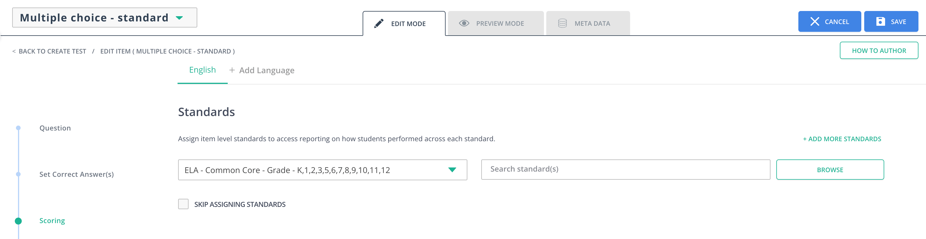 Standards section of the Edit Mode tab.