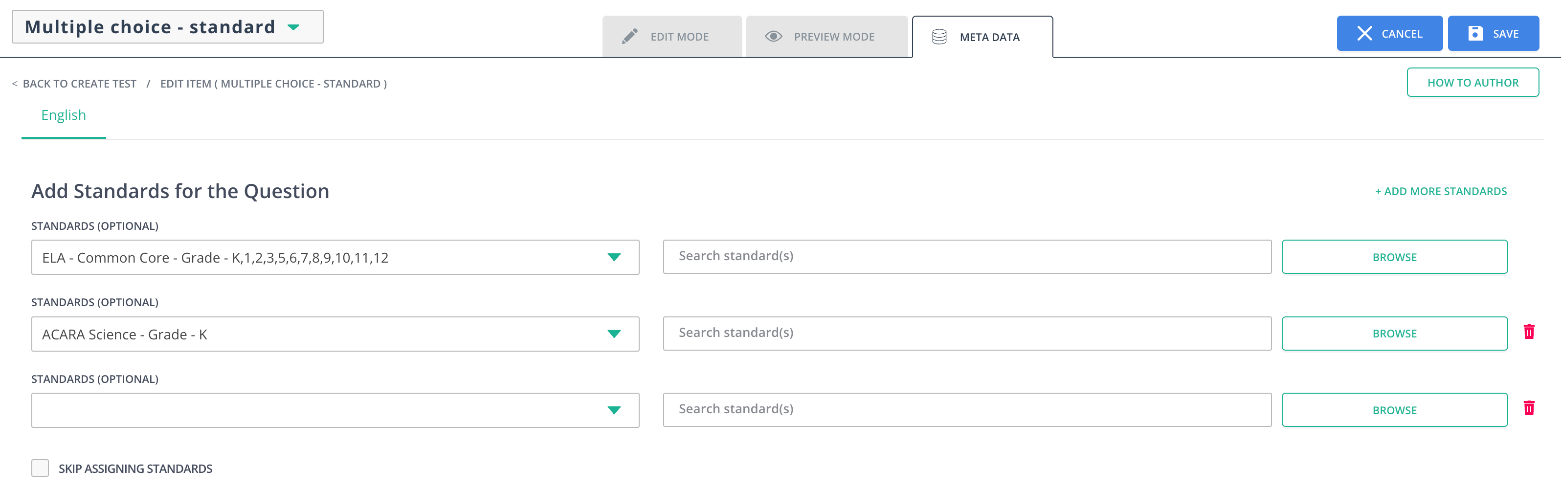 View of the Meta Data tab.