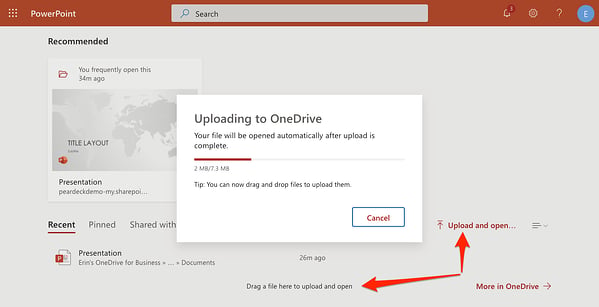 PowerPoint Online, upload file, red arrows