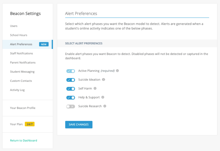 The Beacon Alert Preferences interface. Used for selecting themes of alerts for Beacon to detect