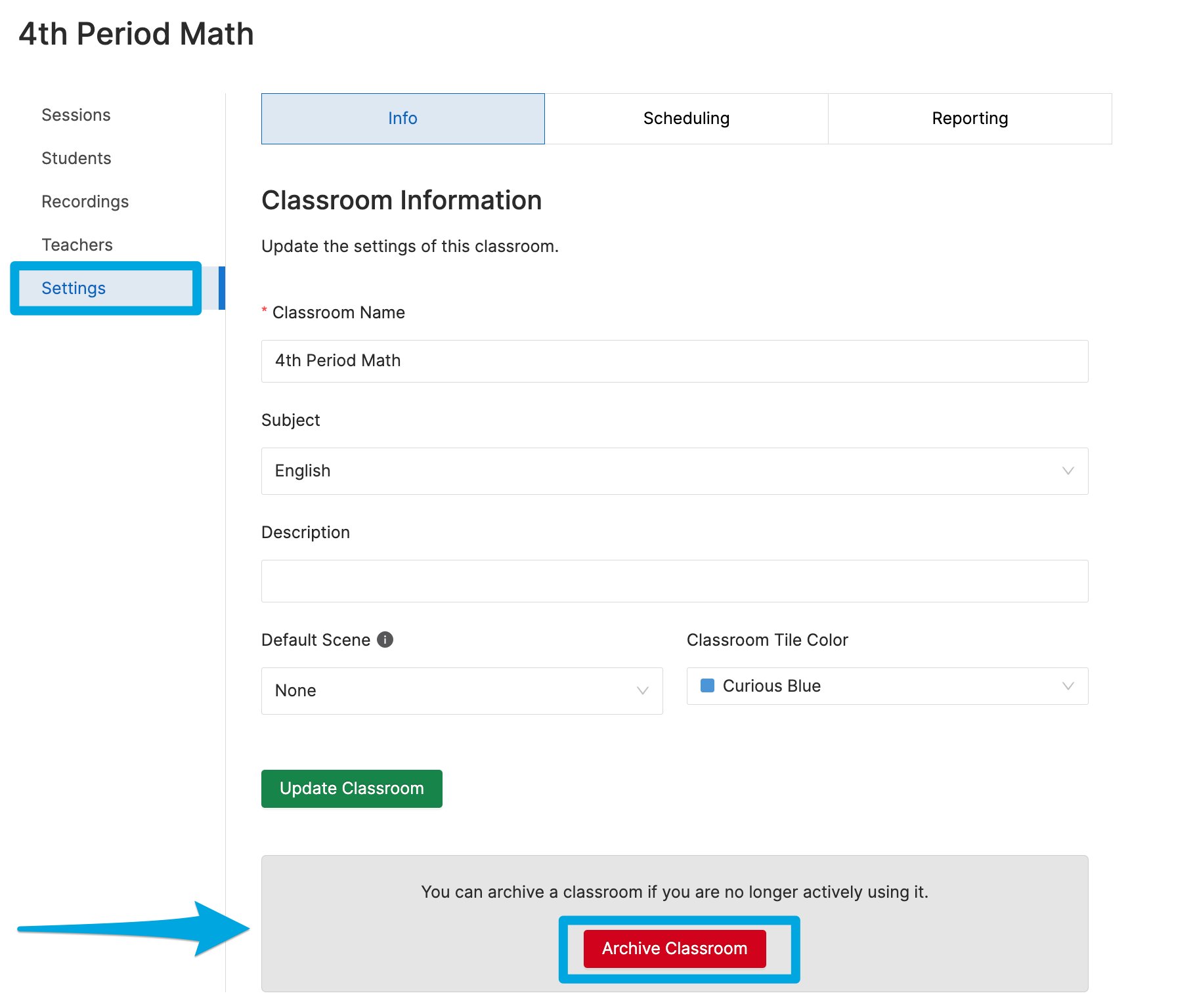 GoGuardian Teacher 'Settings' menu highlighting the Archive Classroom button