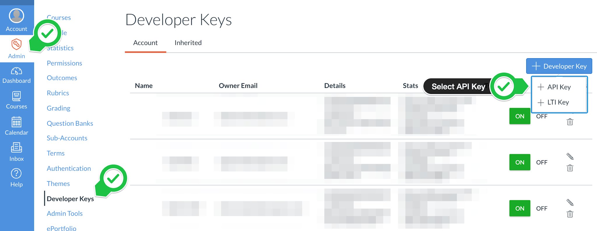 Create an API key from the Canvas Developer Keys page.