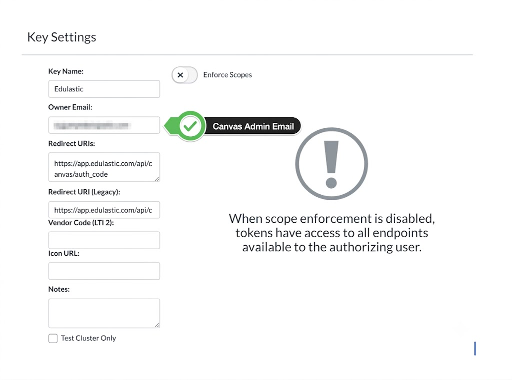 Enter the key name, owner email, and environment-specific Redirect URI in Canvas Key Settings.