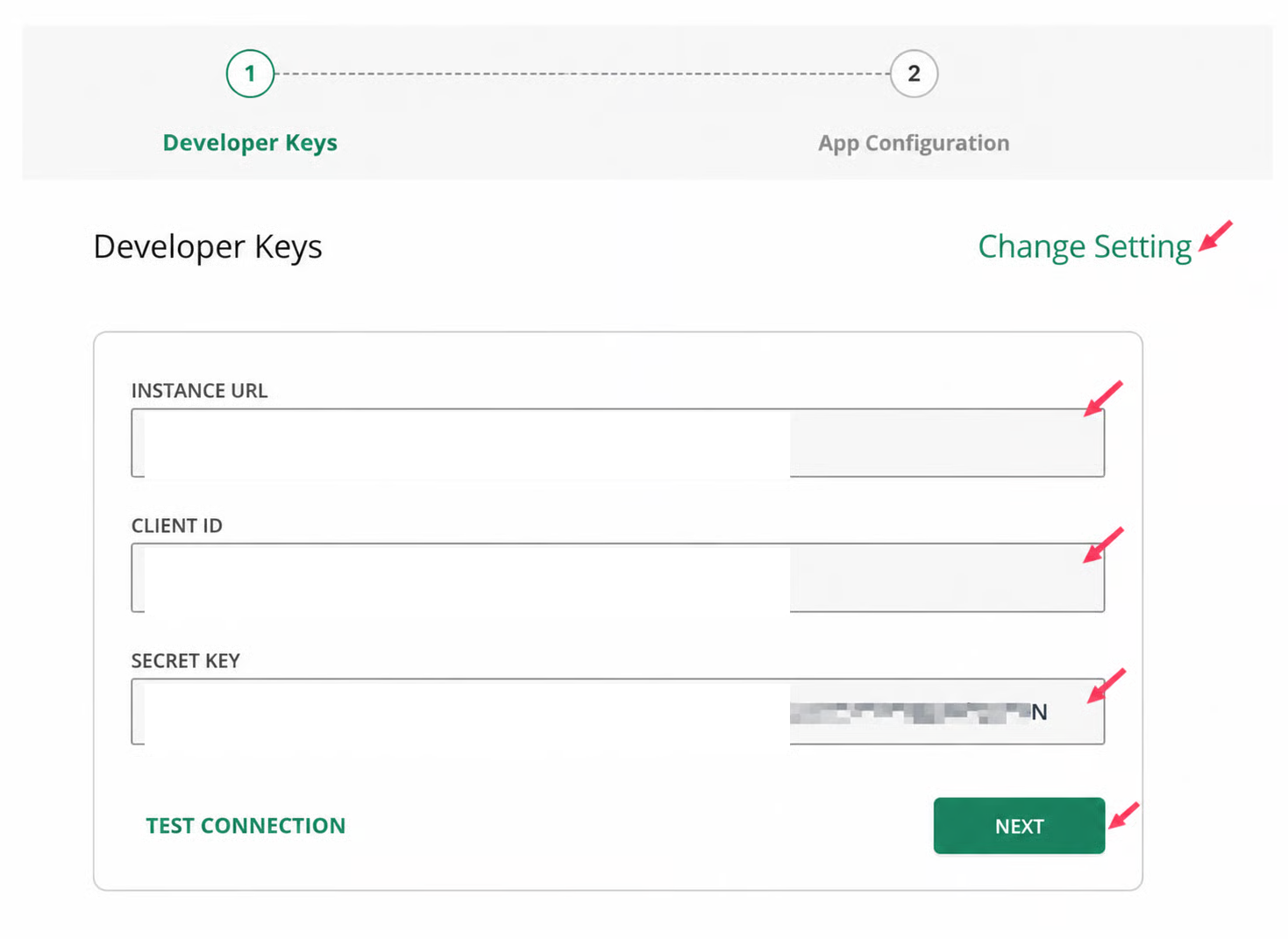 Enter the Canvas Instance URL, Client ID, and Secret Key, then test the connection. Credential values are redacted.