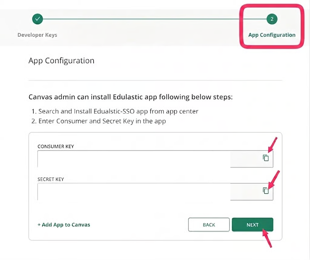 Copy the Consumer Key and Secret Key from the App Configuration tab. Credential values are redacted.