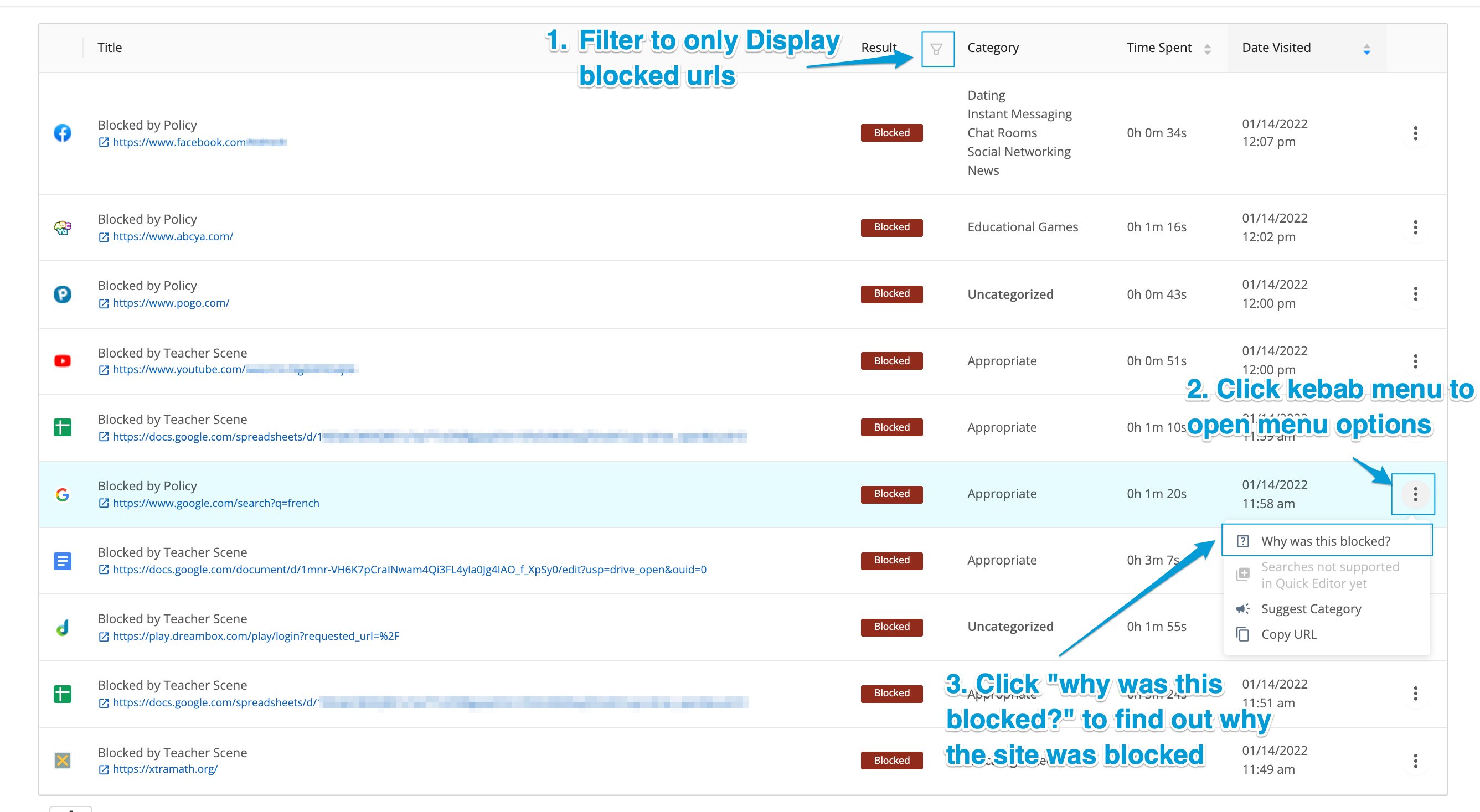 Student browsing activity dashboard filtered to only display Blocked results