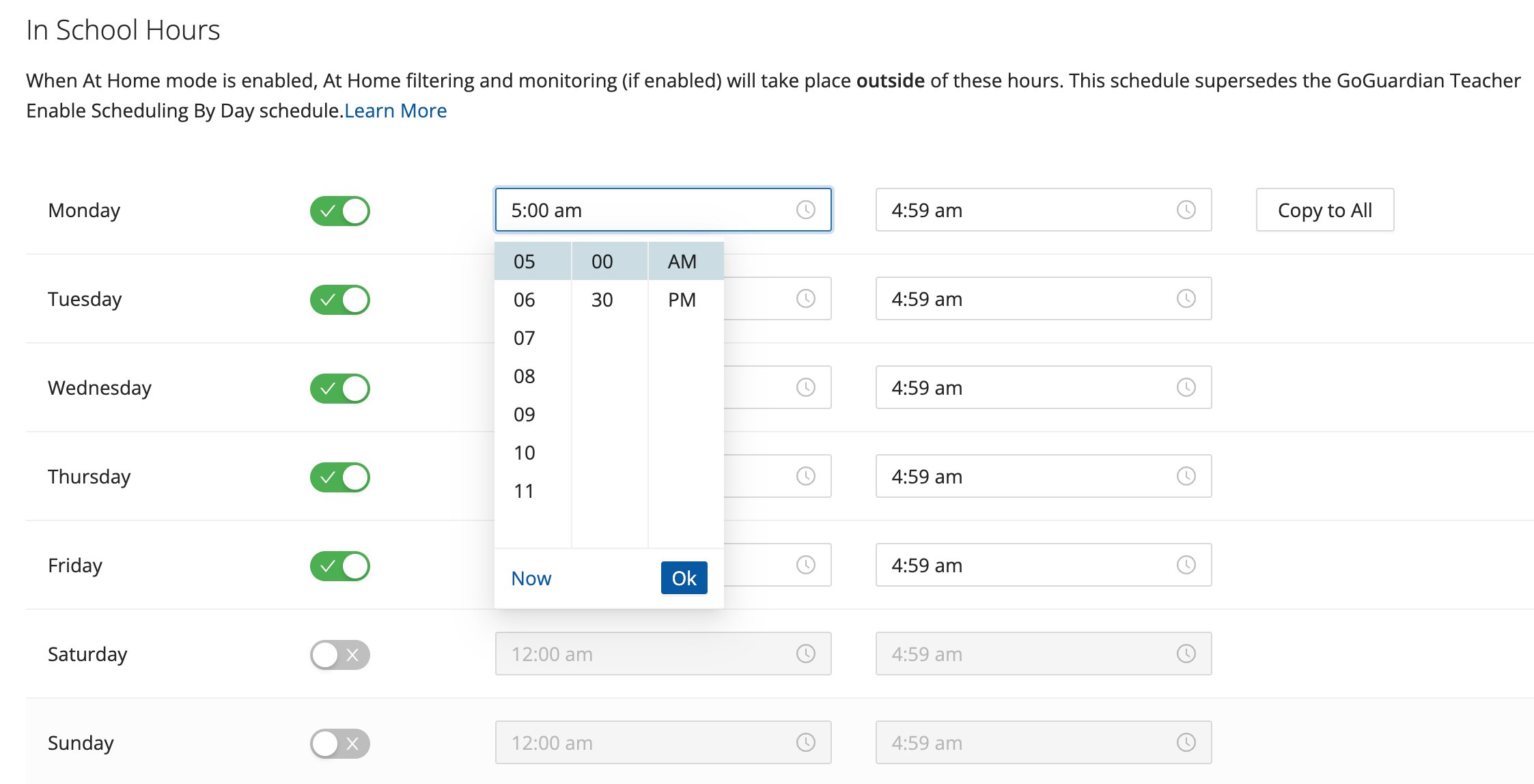 Select school start and end hours for each day, then click OK.