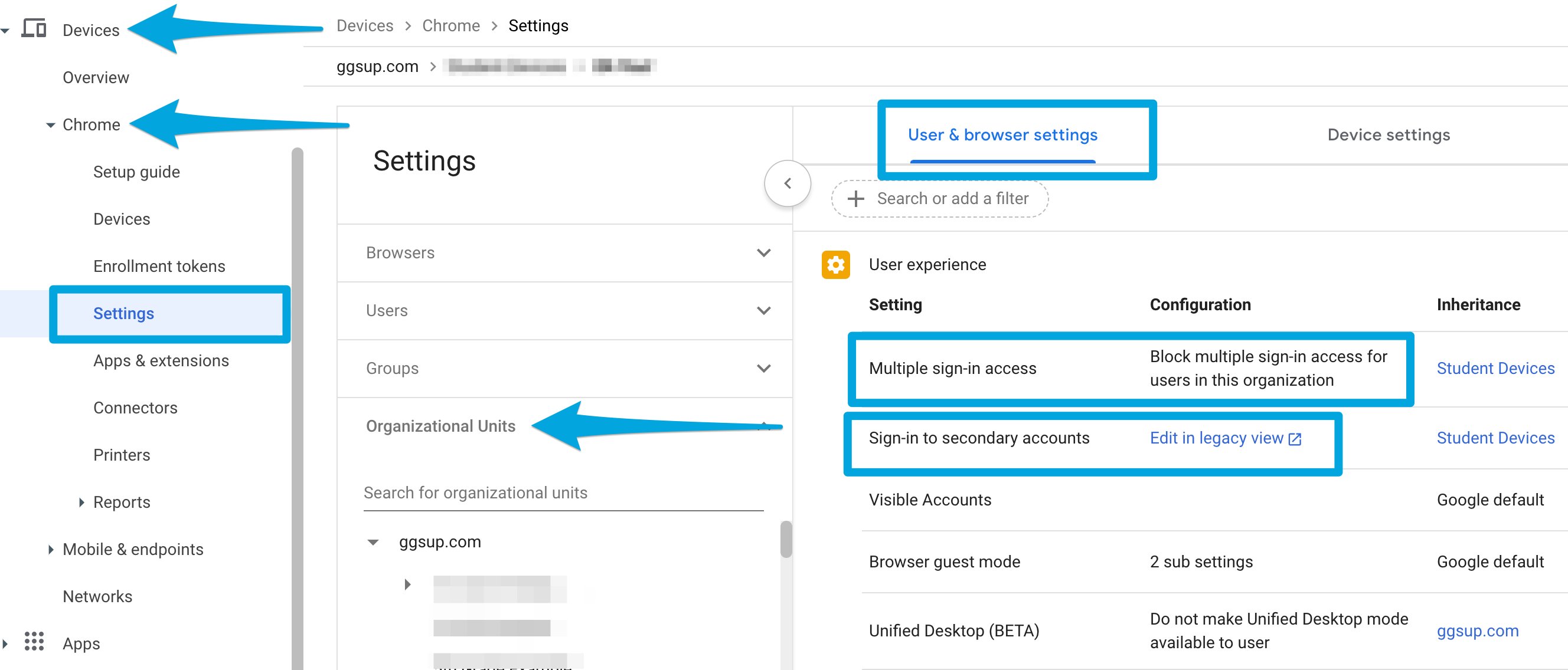 Google Admin Console's User & browser settings page enabling sign-in restriction settings.