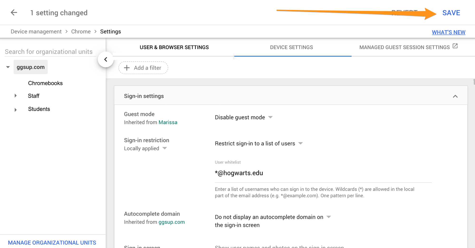 The "Save" button being demonstrated while on Google Admin Console