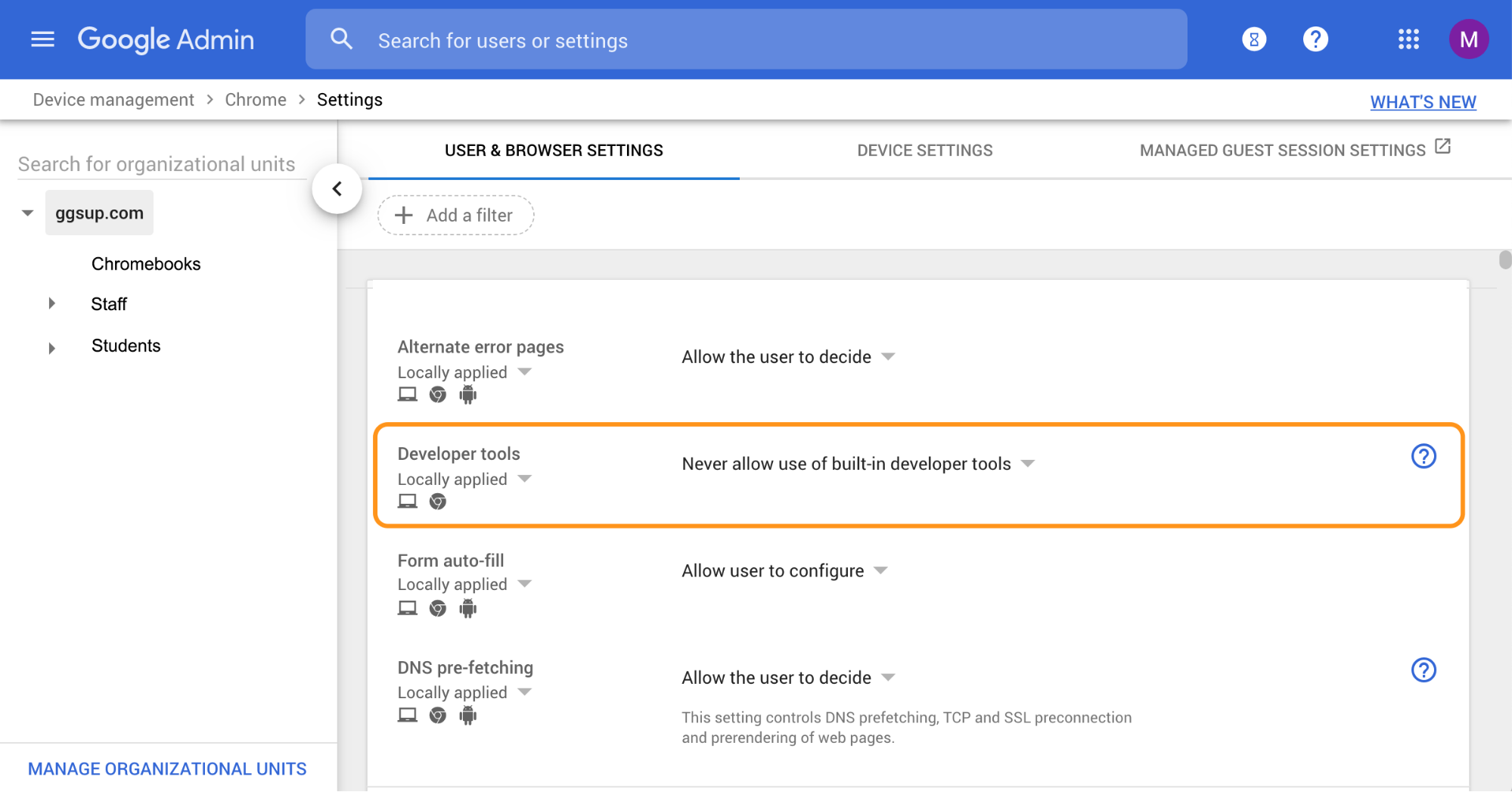 Google Admin Console dashboard highlighting the Developer Tools setting
