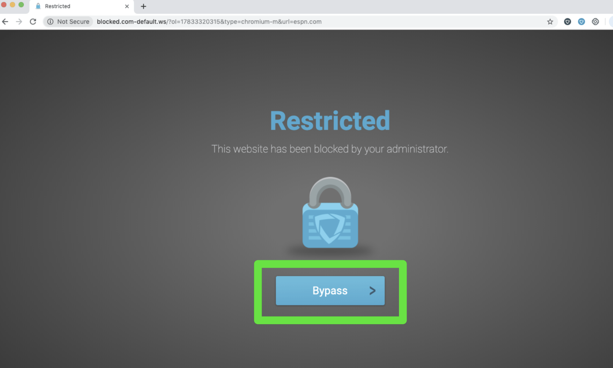 'Restricted' GoGuardian block page containing a padlock with the GoGuardian logo and a "Bypass" button