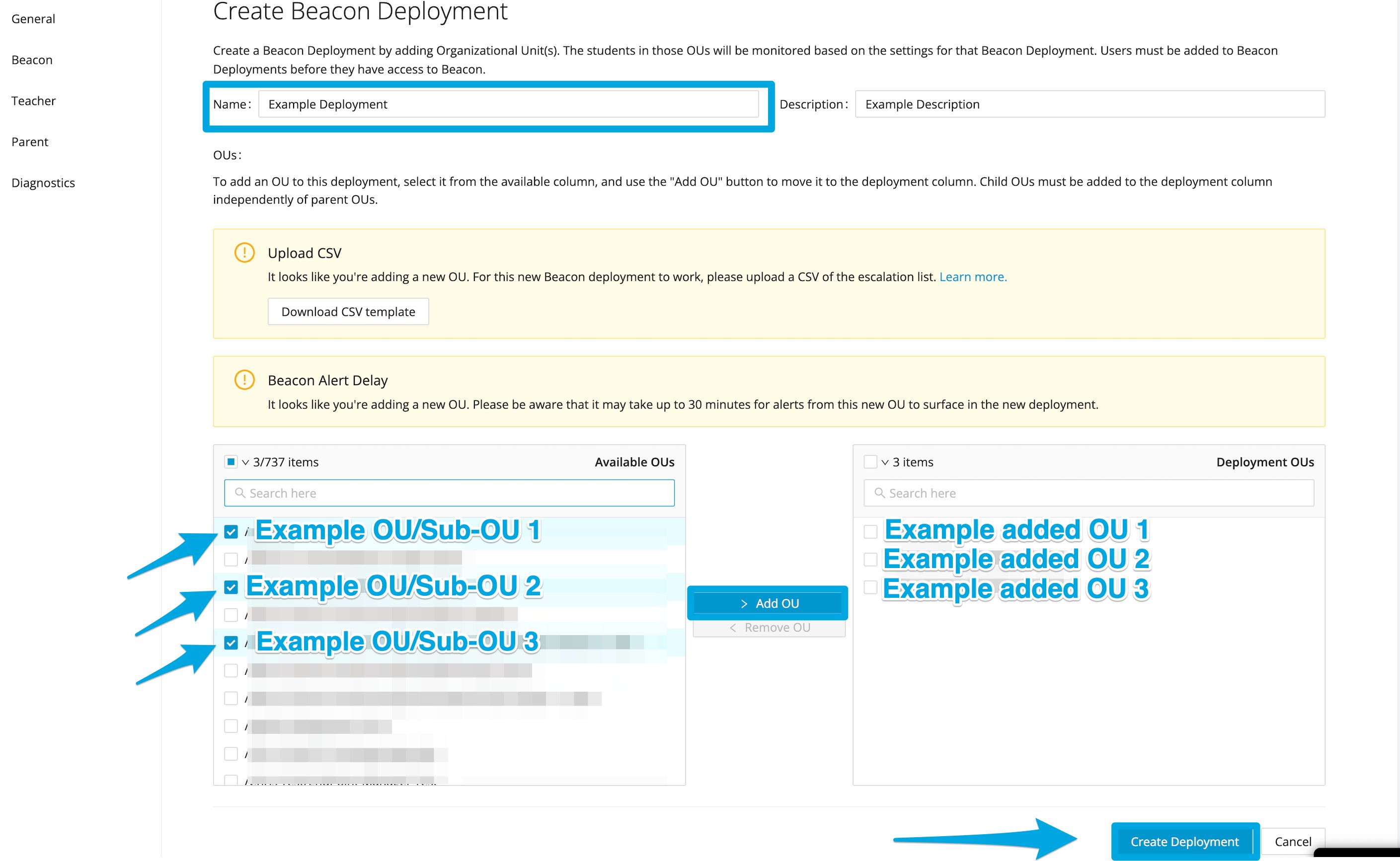 The Create Beacon Deployment interface in the Beacon section of GoGuardian Org Management
