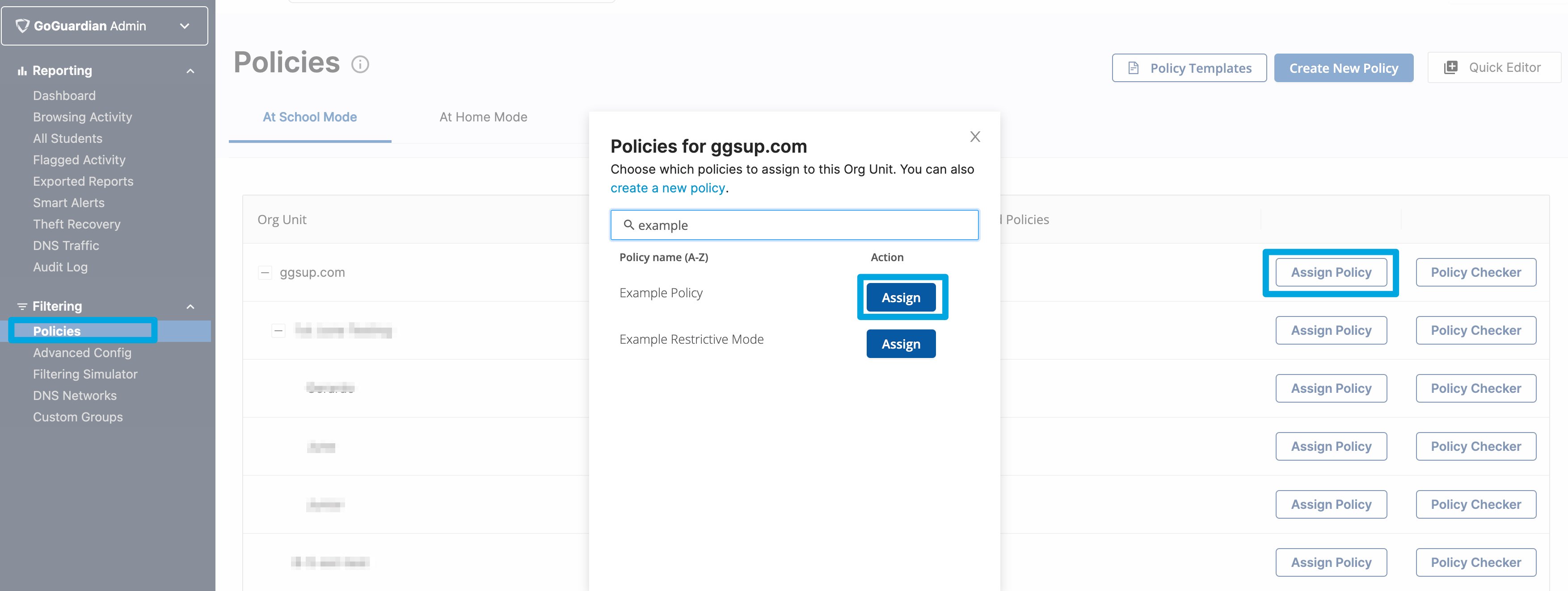 The main Policies page highlighting the Assign Policy button and assignment interface