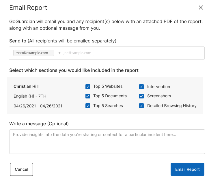 Email Report window settings