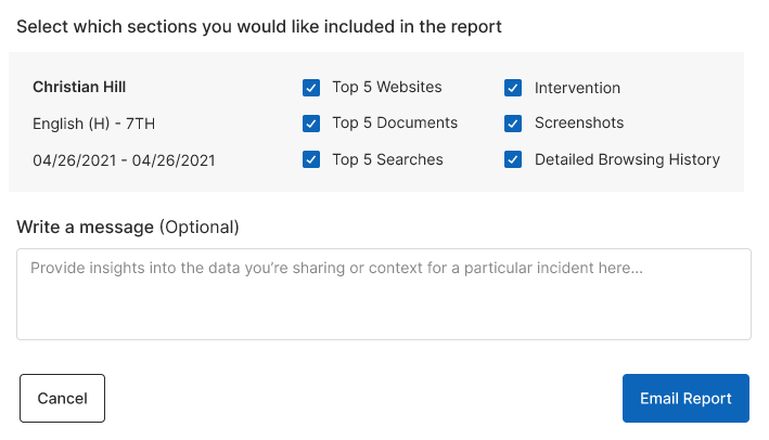 Student report write a message when email reported is emailed