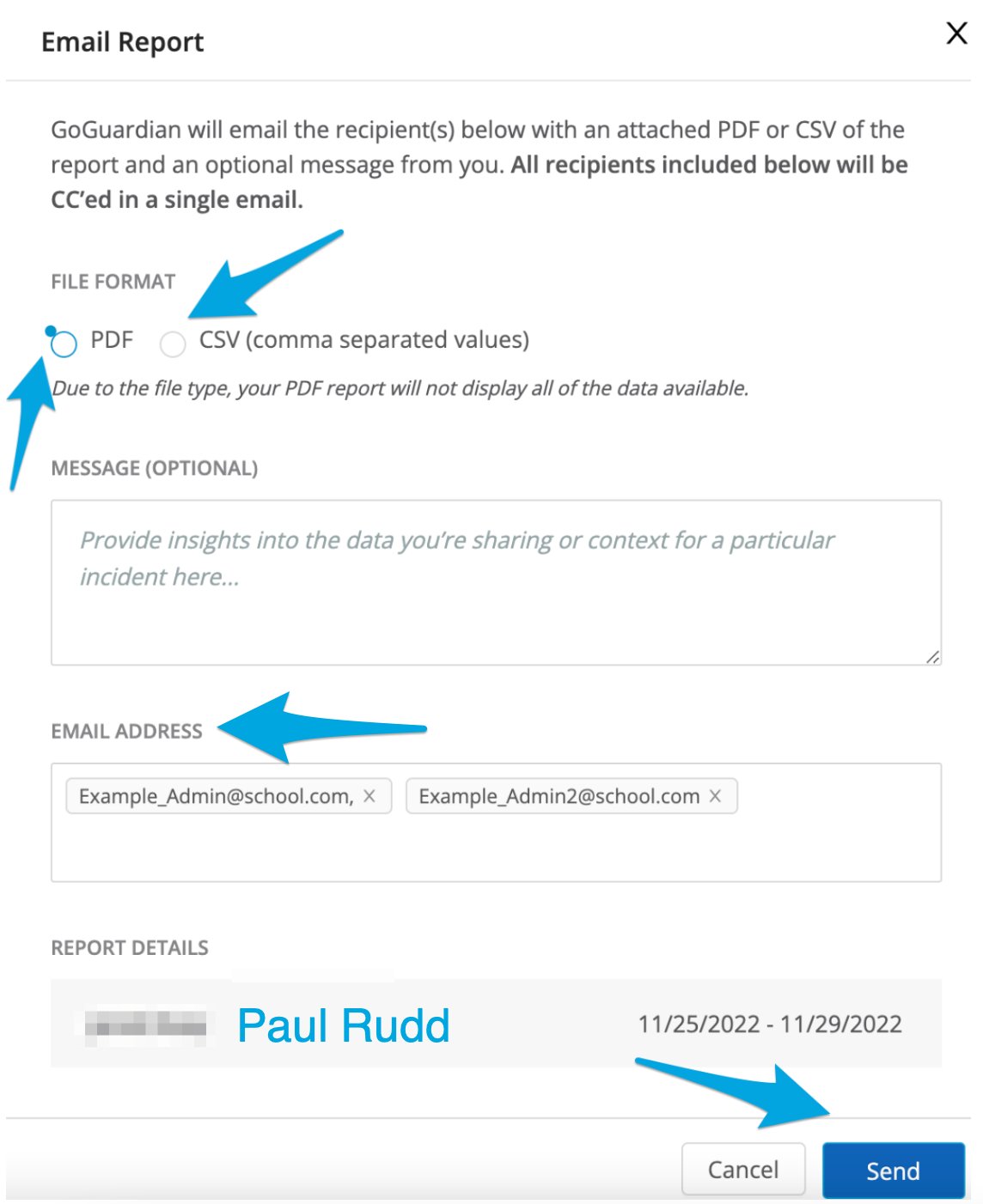 The Email Report tool interface highlighting the PDF or CSV selection, optional message, email addresses to send to…