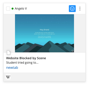 Student's tile displaying "website blocked by Scene" page
