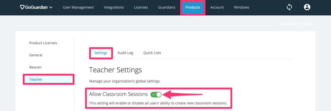 Org Management Product Settings (selected) Teacher (selected) Allow Classroom Sessions toggle on/off (selected)