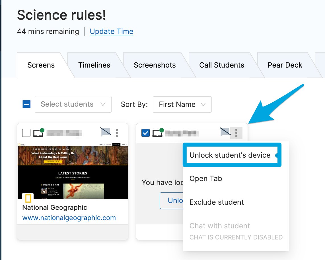 The "Unlock Student's Device" button from the drop down menu on an individual student's tile