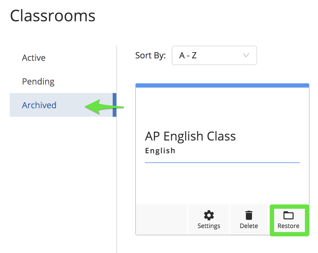 'Archived' Classes tab highlighting the 'Restore' button