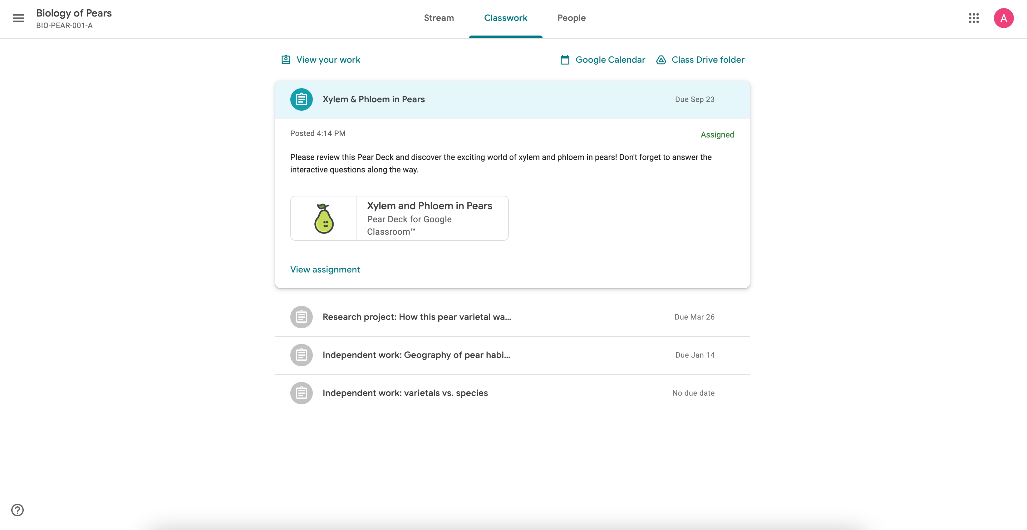 Pear Deck Assignment in the students’ Classwork tab