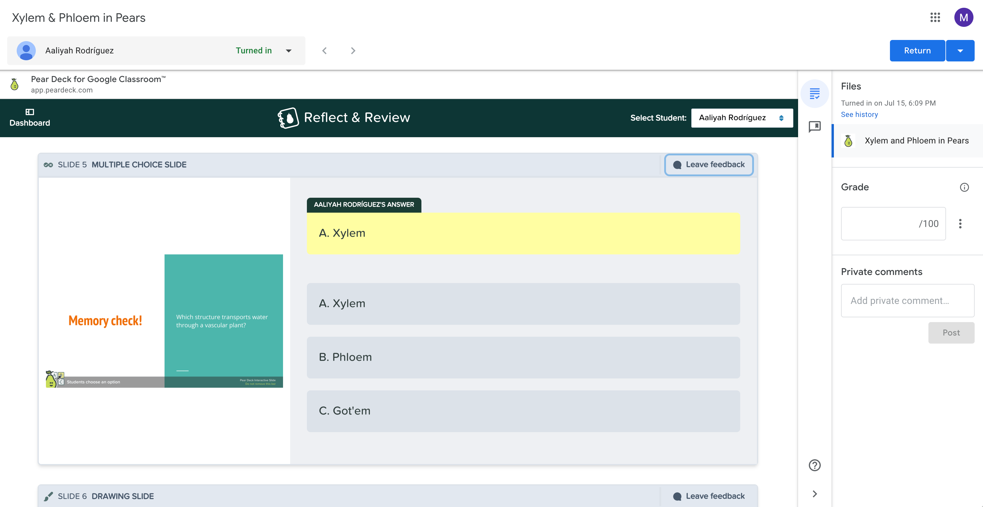 Google Classroom Reflect & Review window